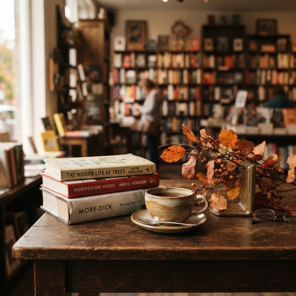 A stack of books and a steaming cup of coffee on a wooden table in a sunlit bookshop.